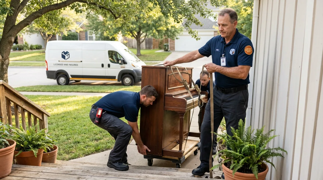 Licensed piano movers securing grand piano in Oak Hill, FL