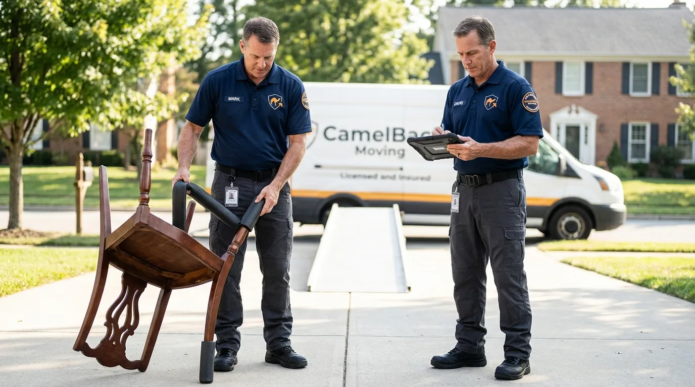 Movers inspecting furniture for damage prevention before loading in Oak Hill, FL