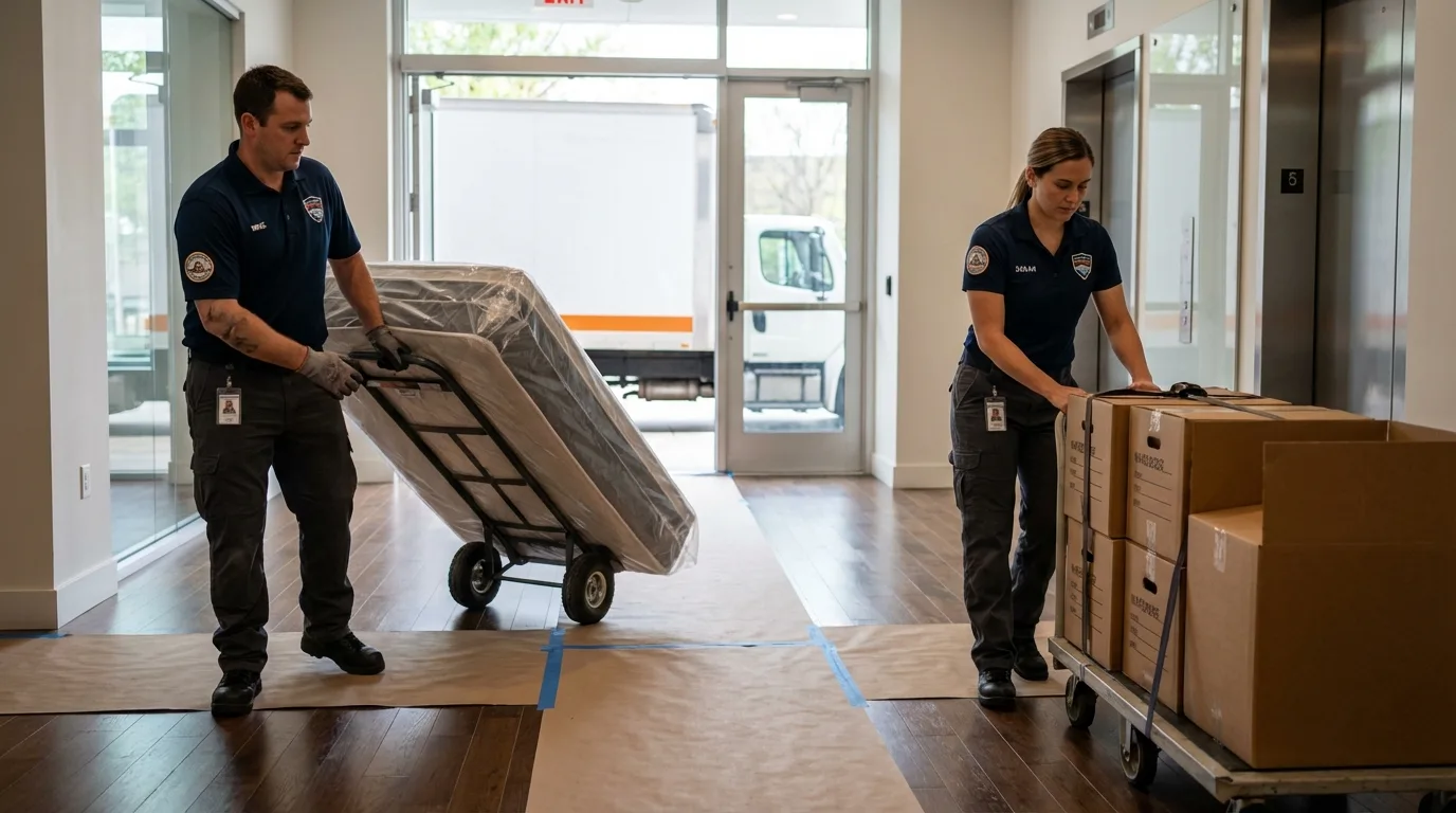 Professional apartment movers loading elevator in Oak Hill, FL
