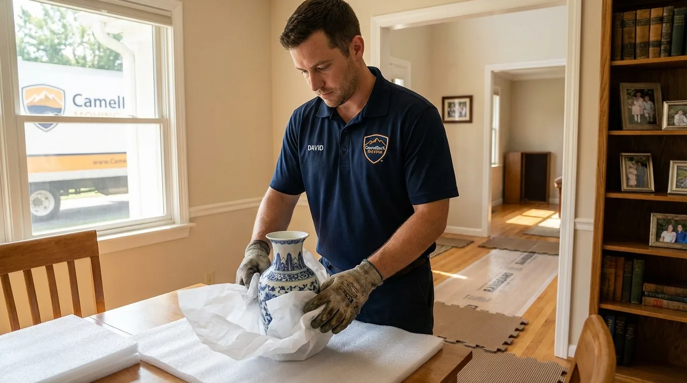Professional crew carefully wrapping antique vase for senior downsizing move in Oak Hill, FL